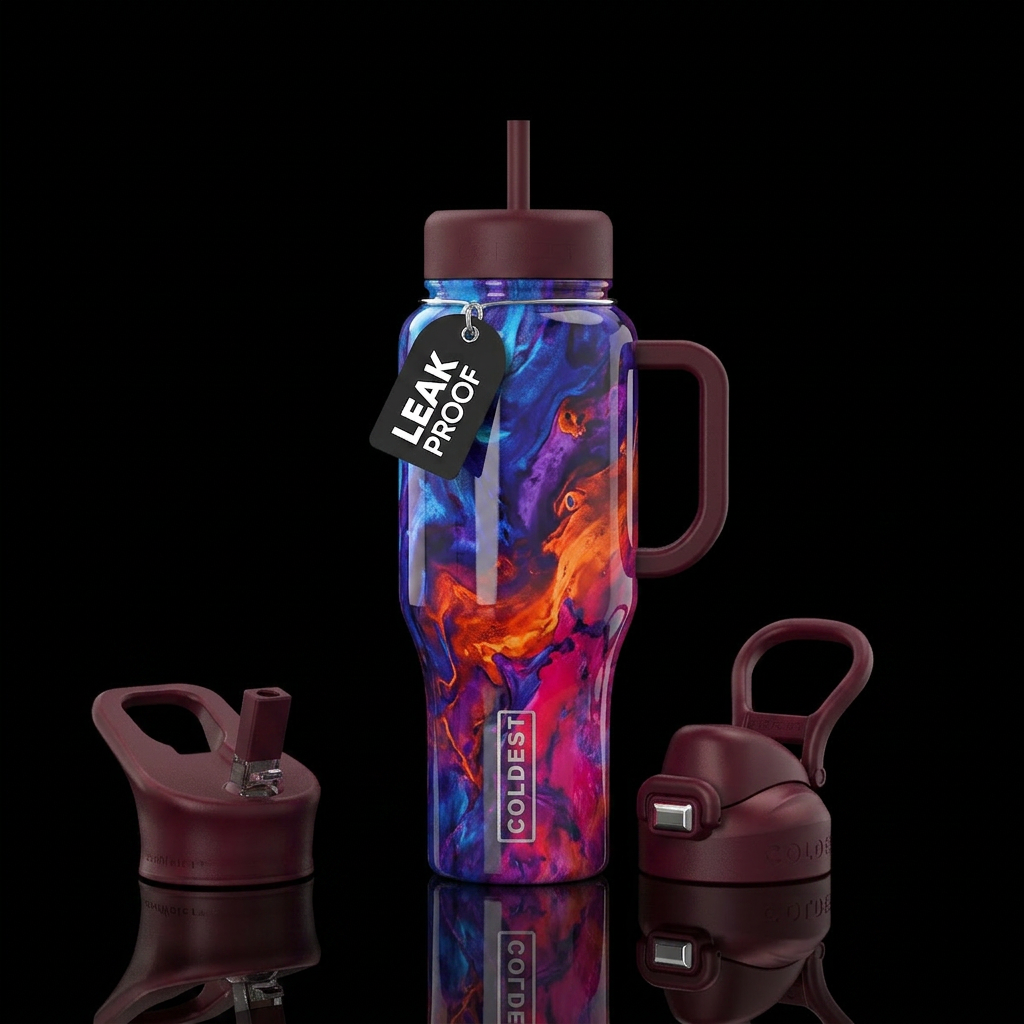 glossy, trompe-l'œil, savvy,dramatic water bottle design