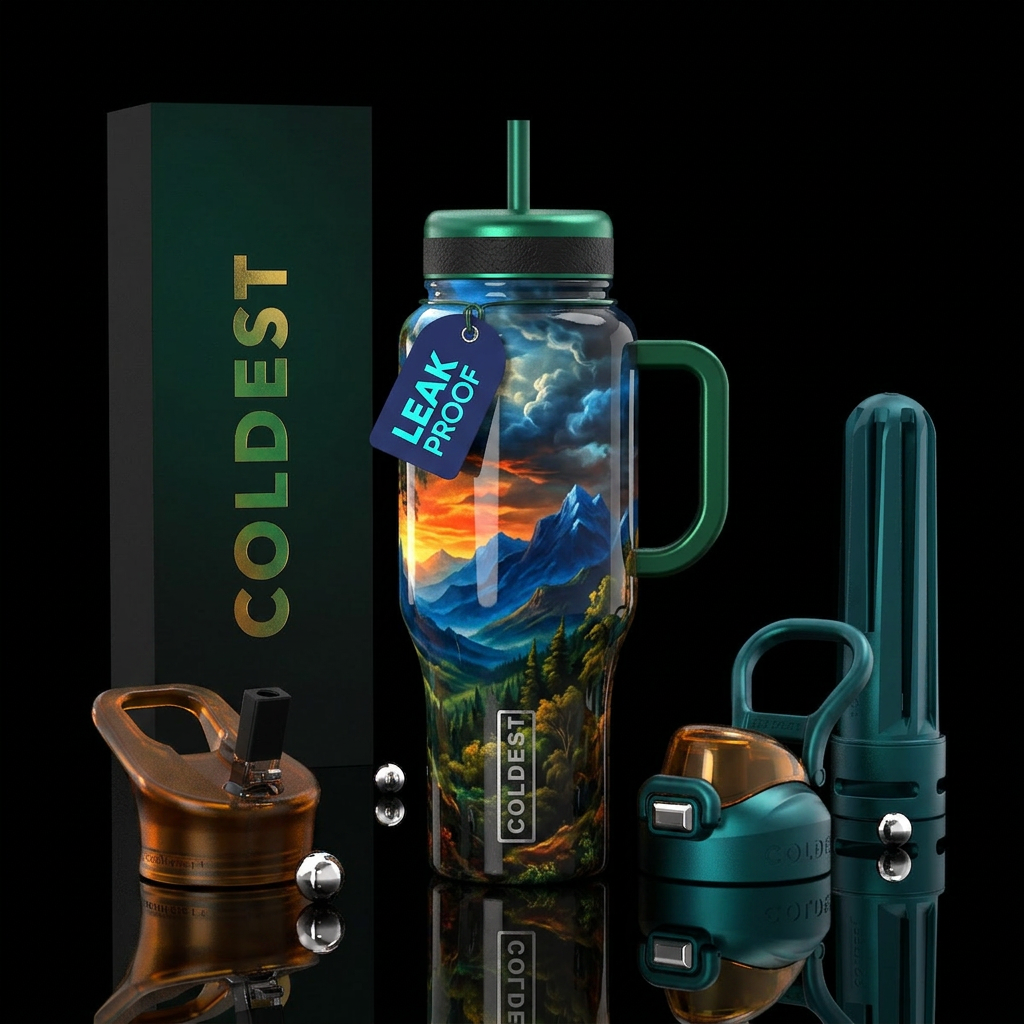 glossy, trompe-l'œil, savvy,dramatic water bottle design