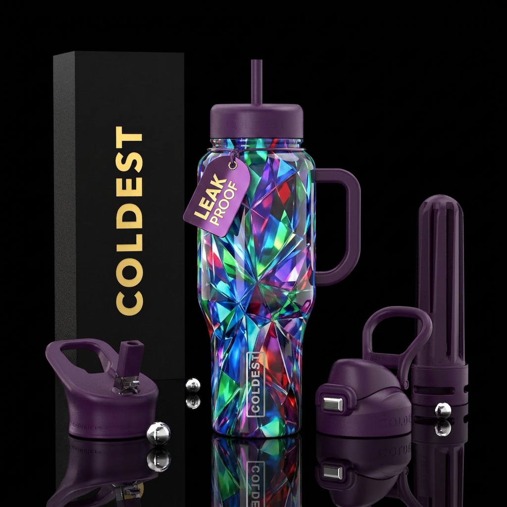 glossy, trompe-l'œil, savvy,dramatic water bottle design