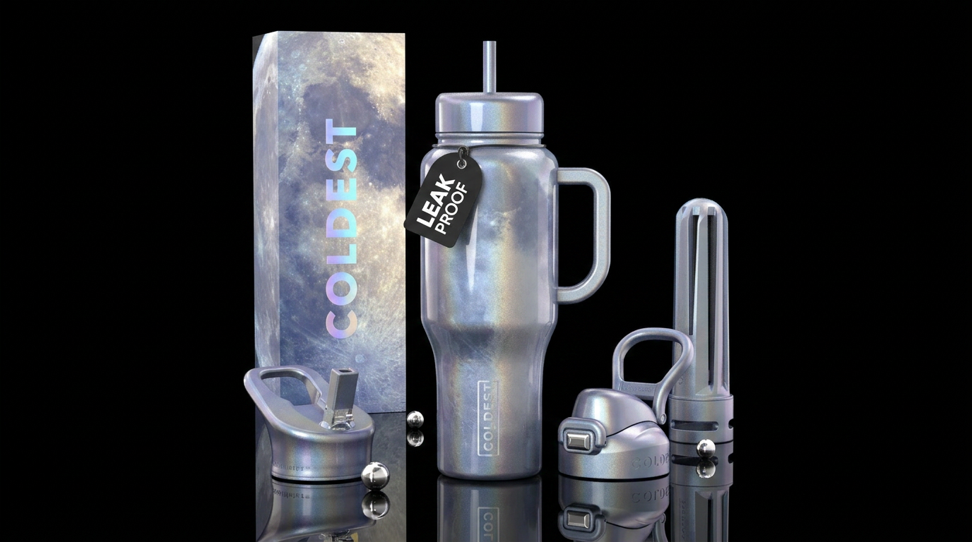 glossy, trompe-l'œil, savvy,dramatic, moonbeam water bottle design