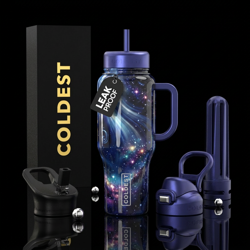 glossy, trompe-l'œil, savvy,dramatic, moonbeam water bottle design