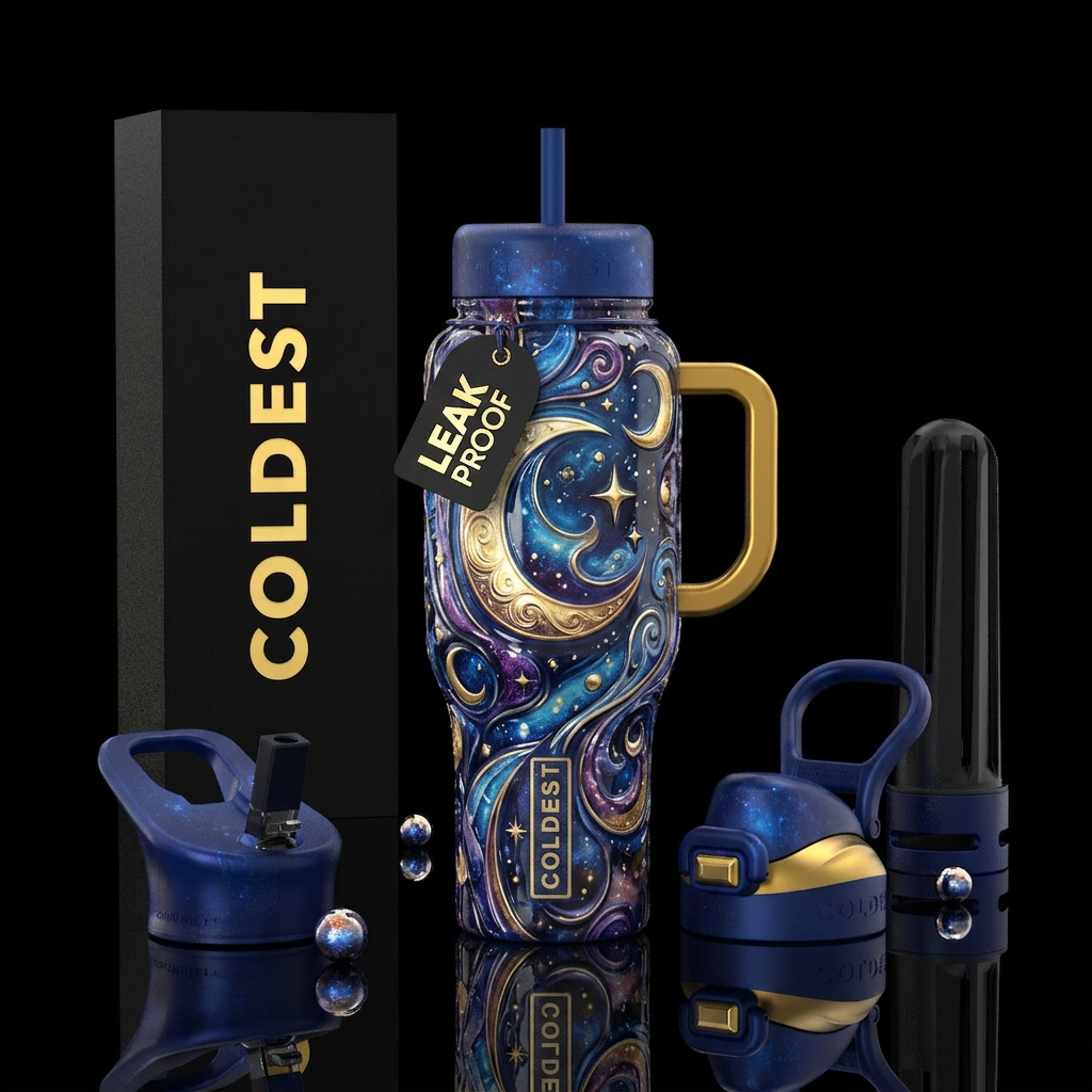glossy, trompe-l'œil, dramatic, moonbeam water bottle design