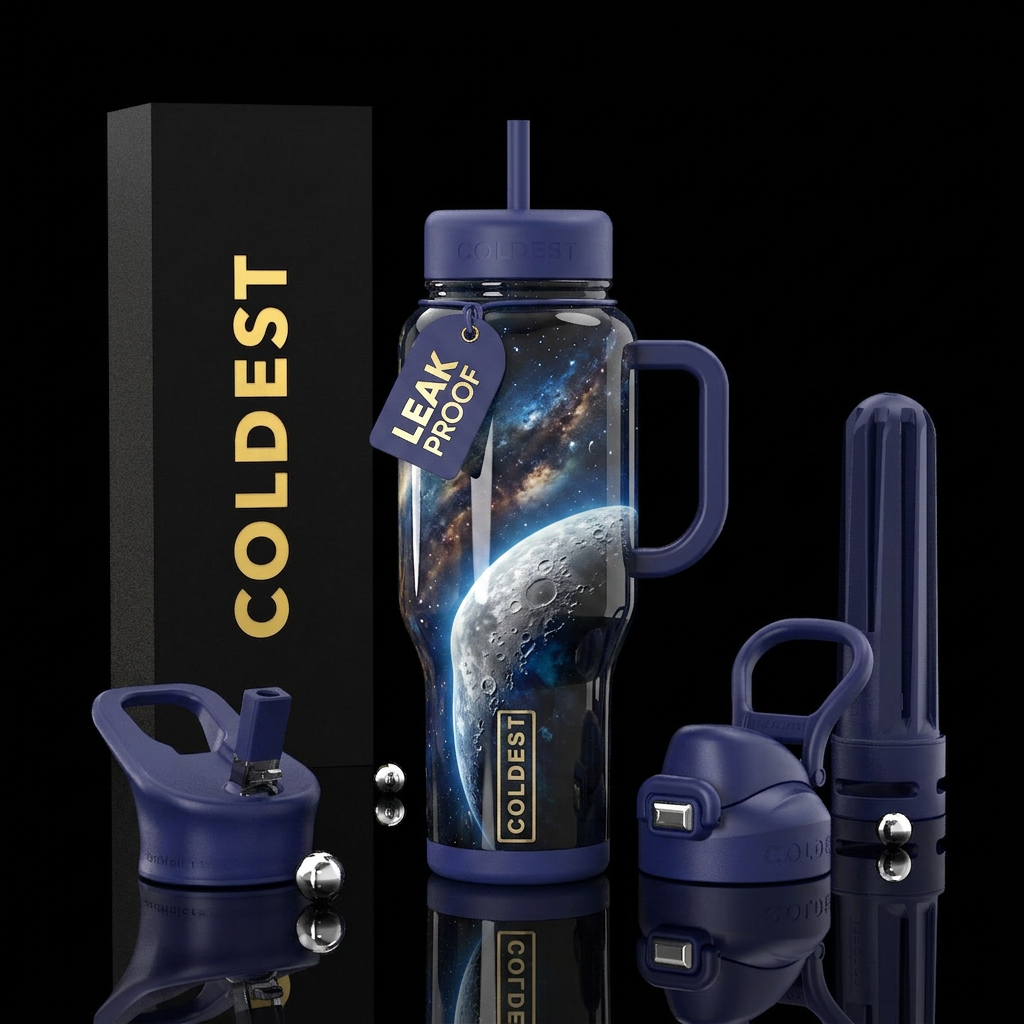 glossy, trompe-l'œil, dramatic, moonbeam water bottle design