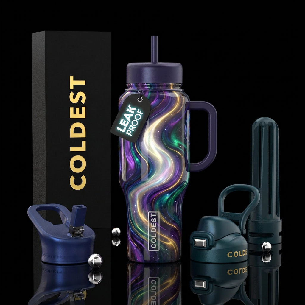 glossy, trompe-l'œil, dramatic, moonbeam,wavy water bottle design
