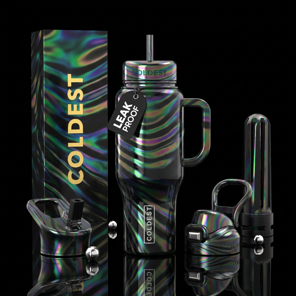 glossy, trompe-l'œil, dramatic, moonbeam,wavy water bottle design