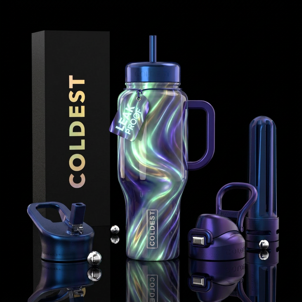glossy, trompe-l'œil, dramatic, moonbeam,wavy,glow... water bottle design