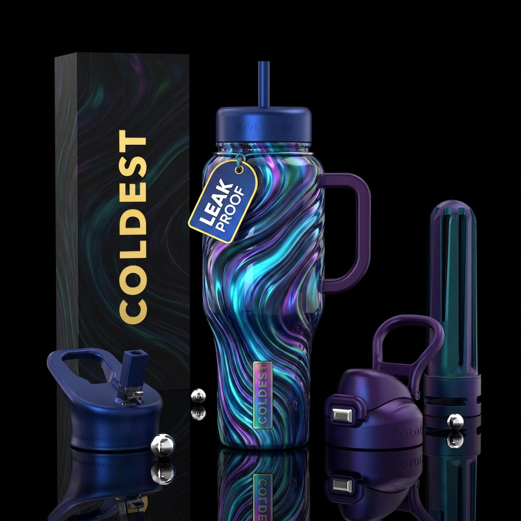 glossy, trompe-l'œil, dramatic, moonbeam,wavy,glow... water bottle design