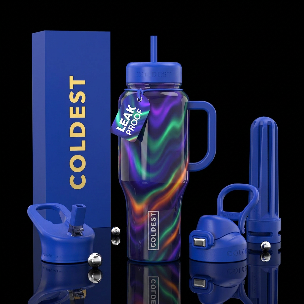 glossy, trompe-l'œil, dramatic, moonbeam,wavy,glow... water bottle design