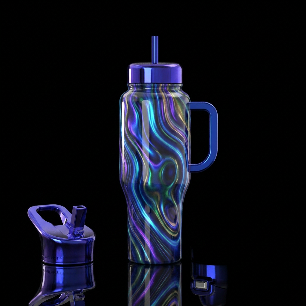 glossy, trompe-l'œil, dramatic, moonbeam,wavy,glow... water bottle design