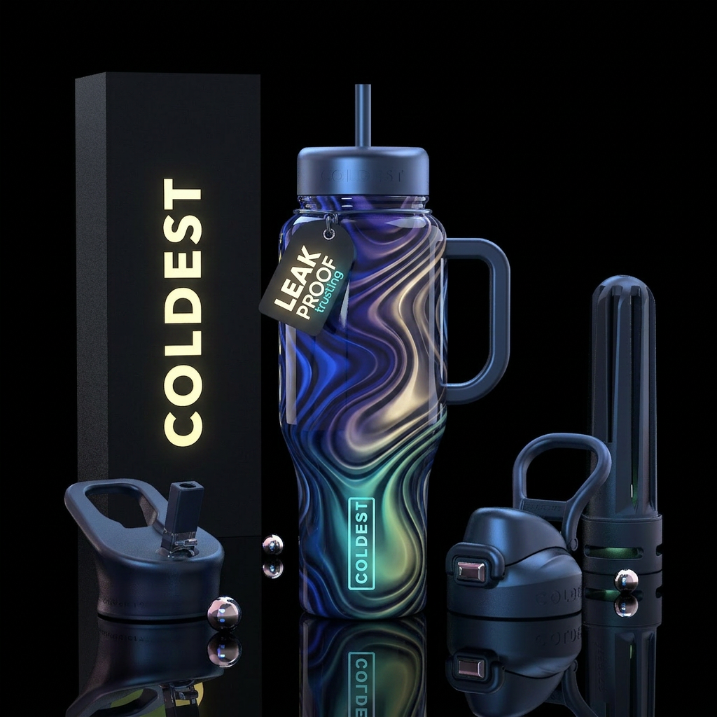 glossy, trompe-l'œil, dramatic, moonbeam,wavy,glow... water bottle design
