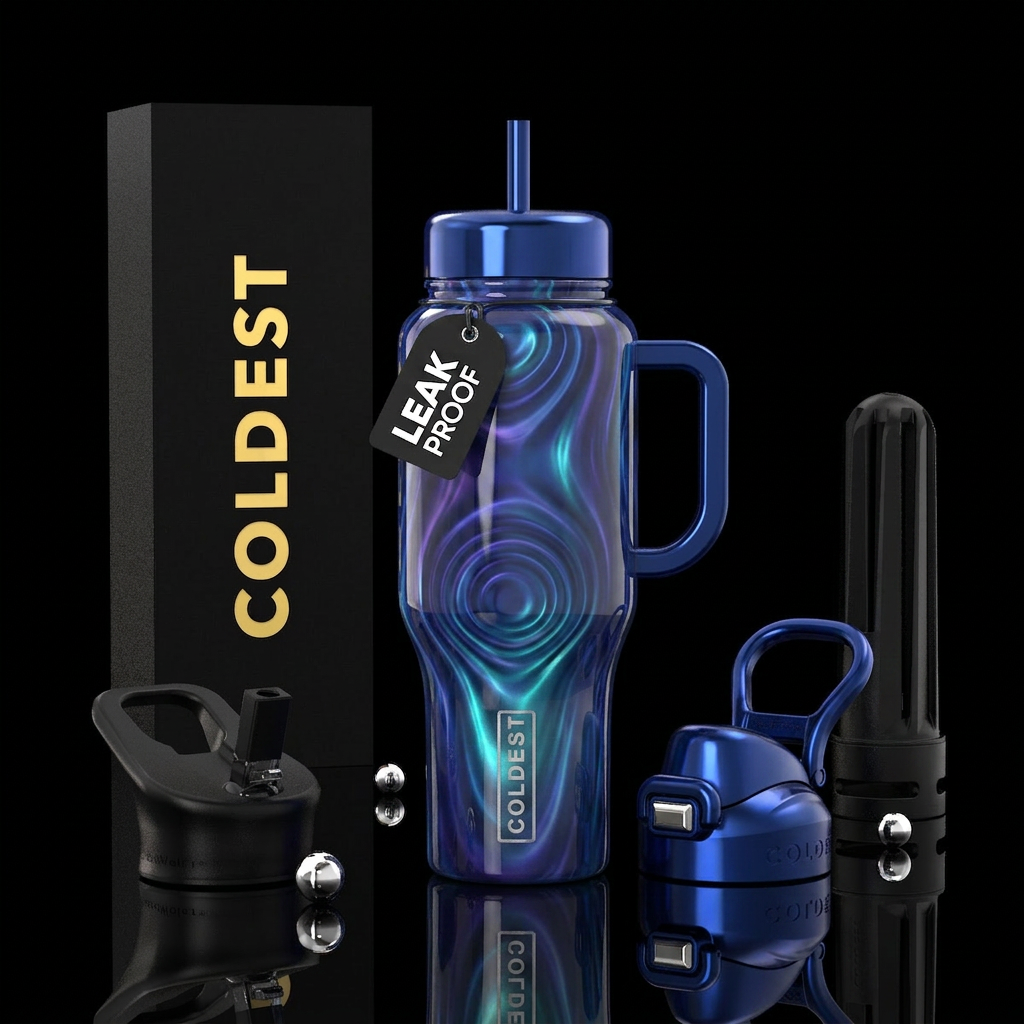 glossy, trompe-l'œil, dramatic, moonbeam,wavy,glow... water bottle design