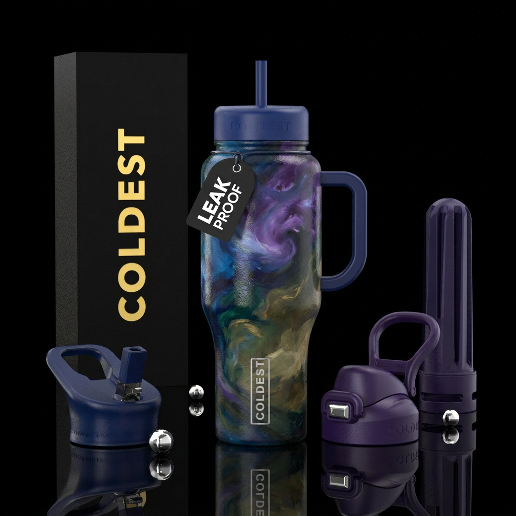understated, oil painting,glossy, trompe-l'œil, pe... water bottle design