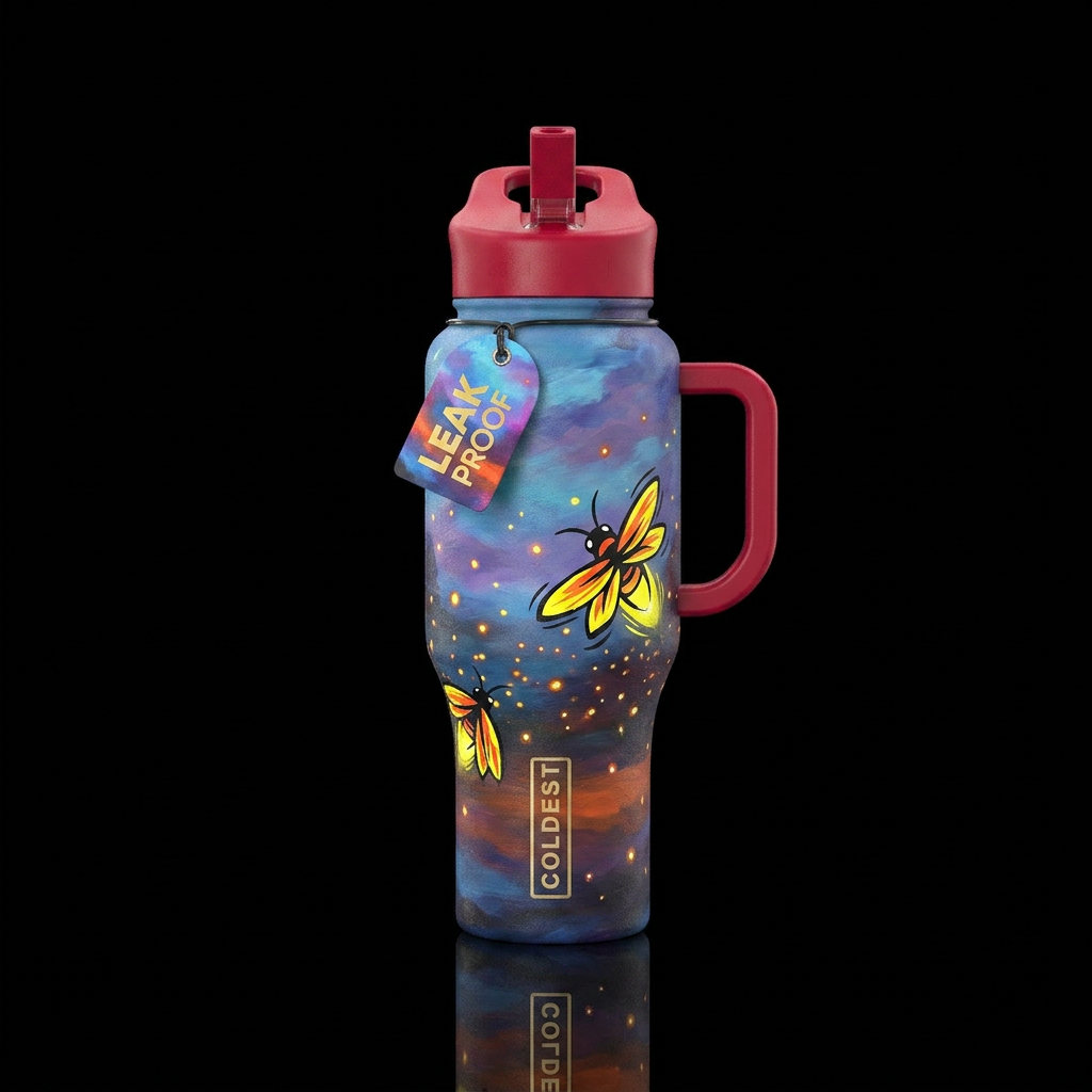 understated, oil painting,glossy, trompe-l'œil, pe... water bottle design