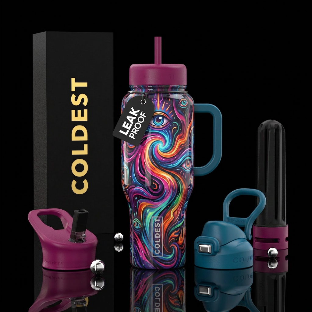 understated, ,glossy, trompe-l'œil, dramatic, myst... water bottle design