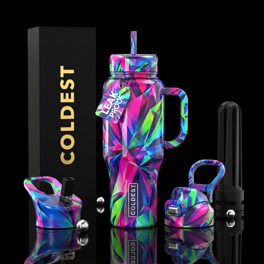 understated, ,glossy, trompe-l'œil, dramatic, myst... water bottle design