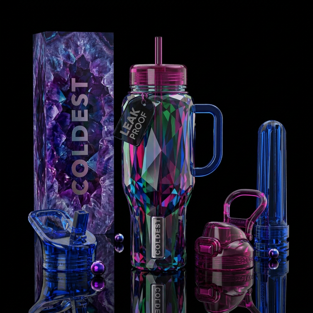 understated, ,glossy, trompe-l'œil, dramatic, myst... water bottle design