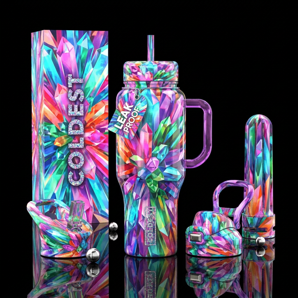 understated, ,glossy, trompe-l'œil, dramatic, myst... water bottle design