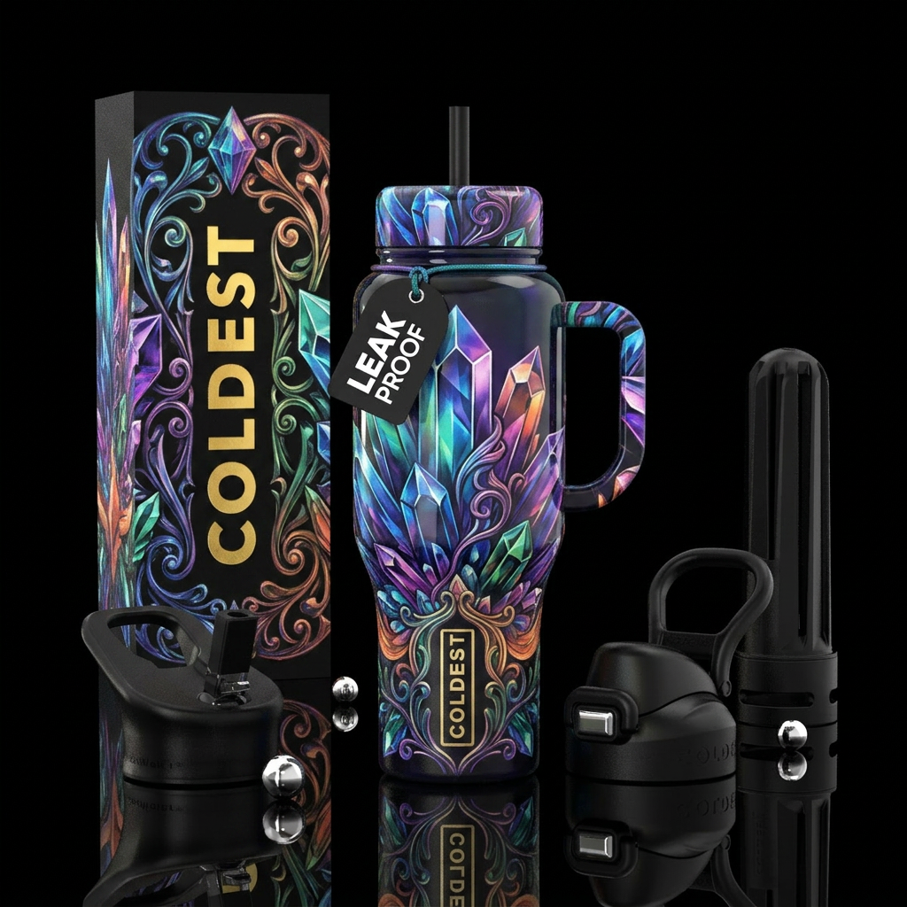 understated, ,glossy, trompe-l'œil, dramatic, myst... water bottle design