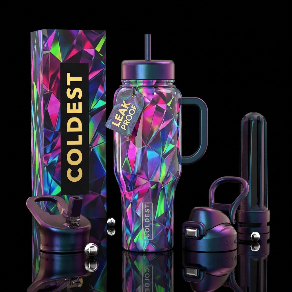 understated, ,glossy, trompe-l'œil, dramatic, , po... water bottle design