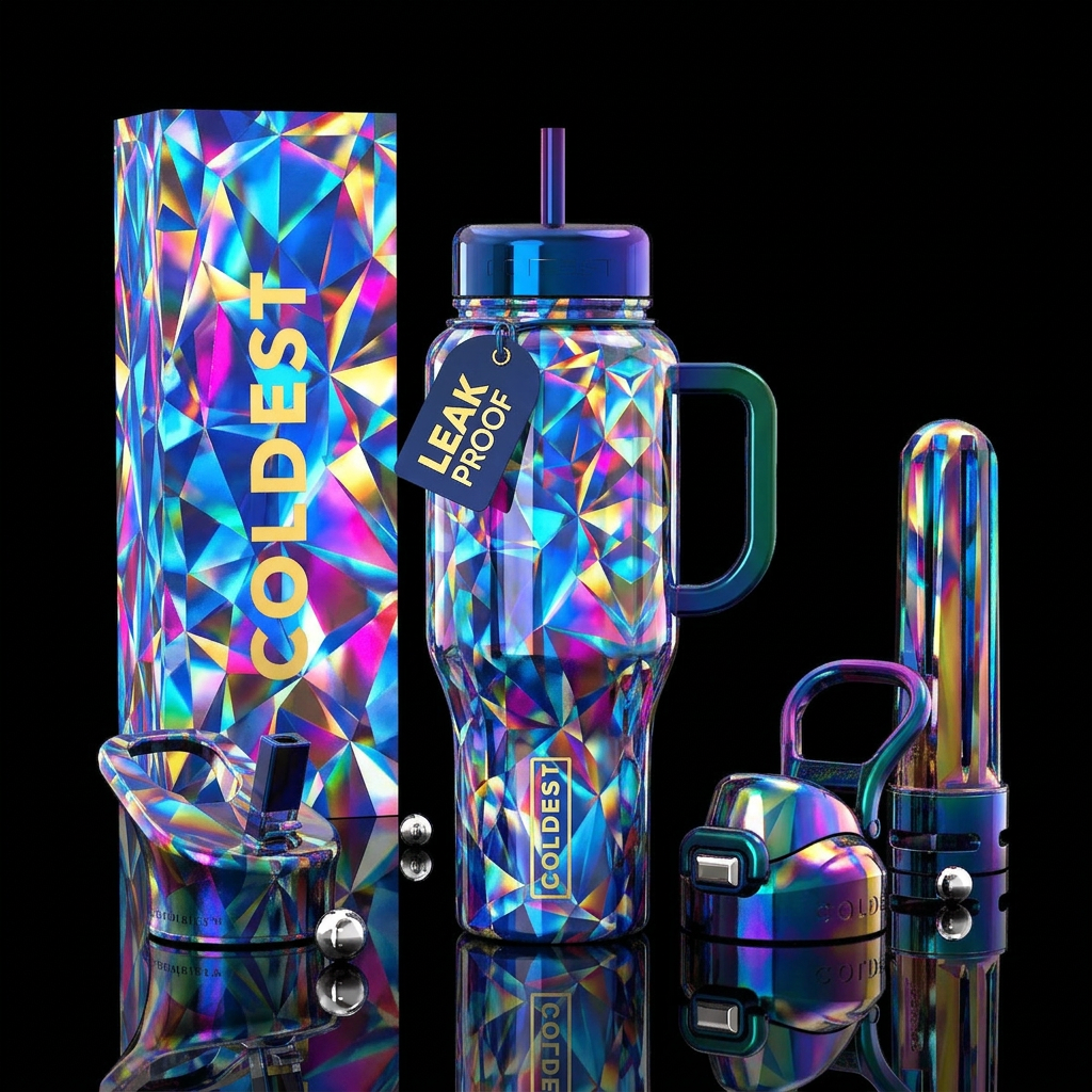 understated, ,glossy, trompe-l'œil, dramatic, , po... water bottle design