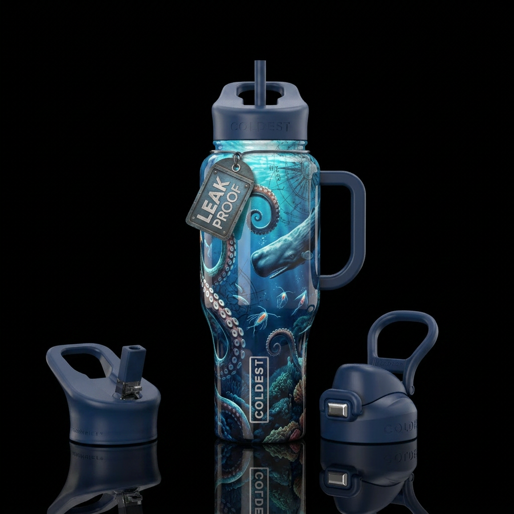 Serious,, powerful, marine,glossy, trompe-l'œil water bottle design