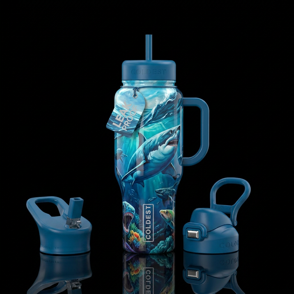 Serious,, powerful, marine,glossy, trompe-l'œil water bottle design