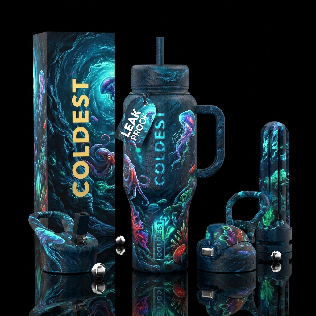 Serious,, powerful, marine,glossy, trompe-l'œil, p... water bottle design