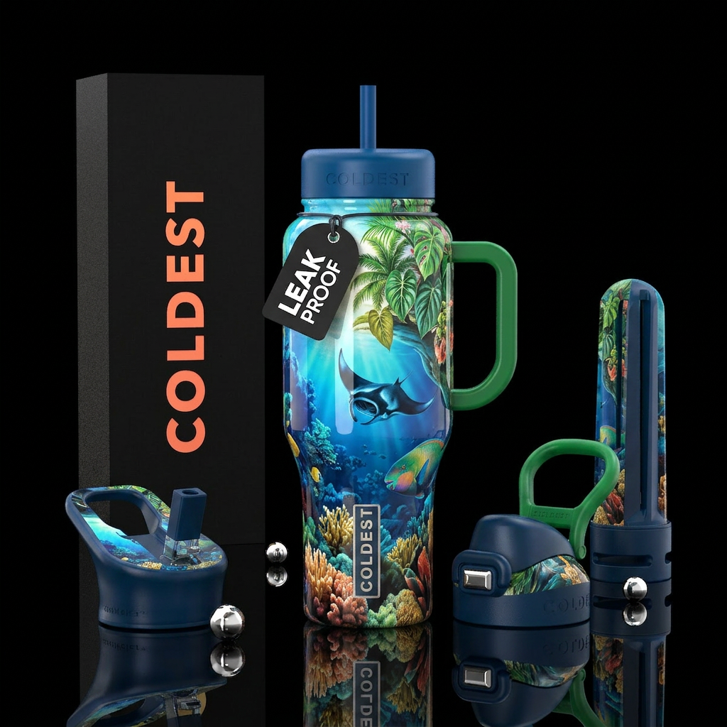 Serious,, powerful, marine,glossy, trompe-l'œil, p... water bottle design