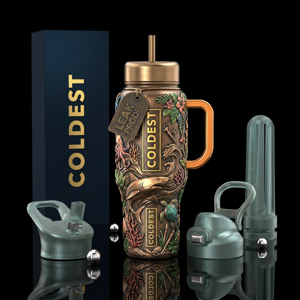Serious,, powerful, marine,glossy, trompe-l'œil, p... water bottle design