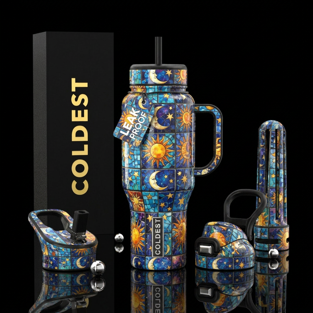 Sun moon and stars tiles, glossy water bottle design