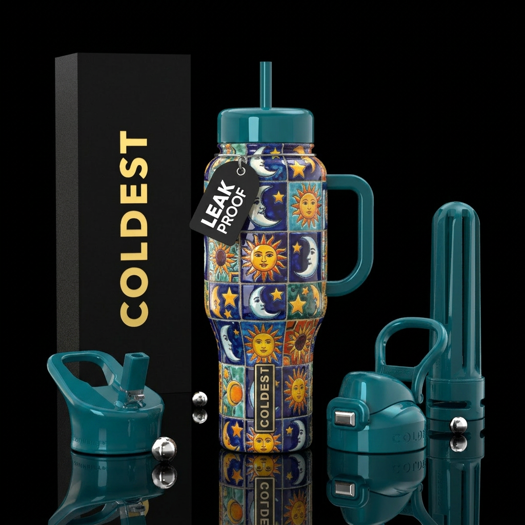 Sun moon and stars tiles, glossy water bottle design