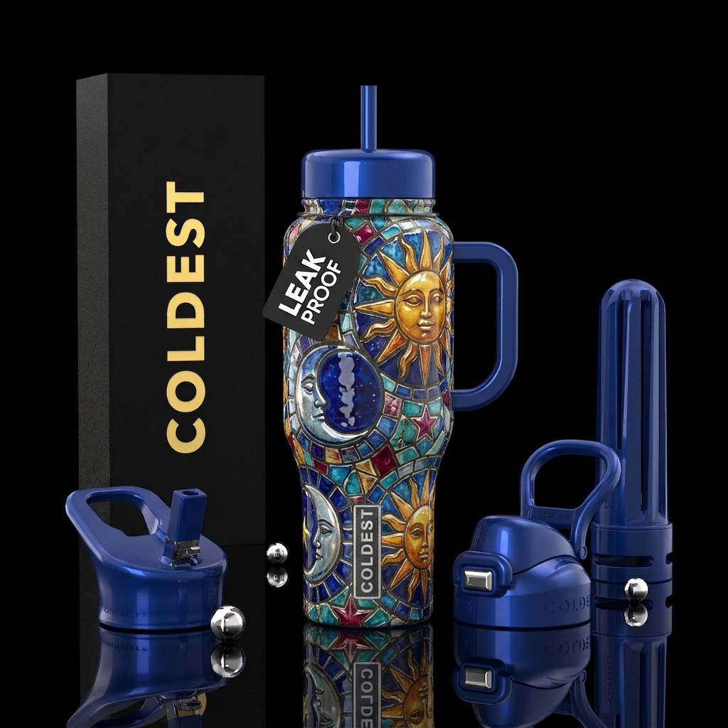 Sun moon and stars tiles, glossy water bottle design