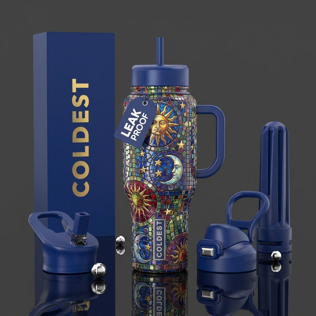 Sun moon and stars tiles, glossy water bottle design