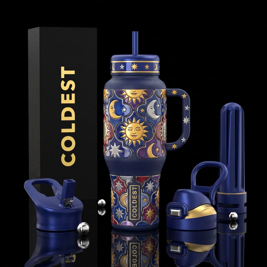 Sun moon and stars tiles, glossy water bottle design