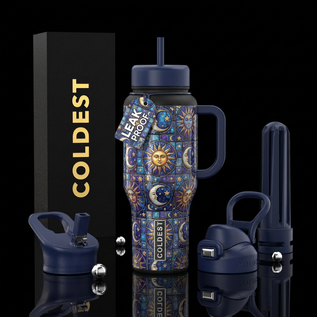 Sun moon and stars tiles, glossy, trompe-l'œil water bottle design
