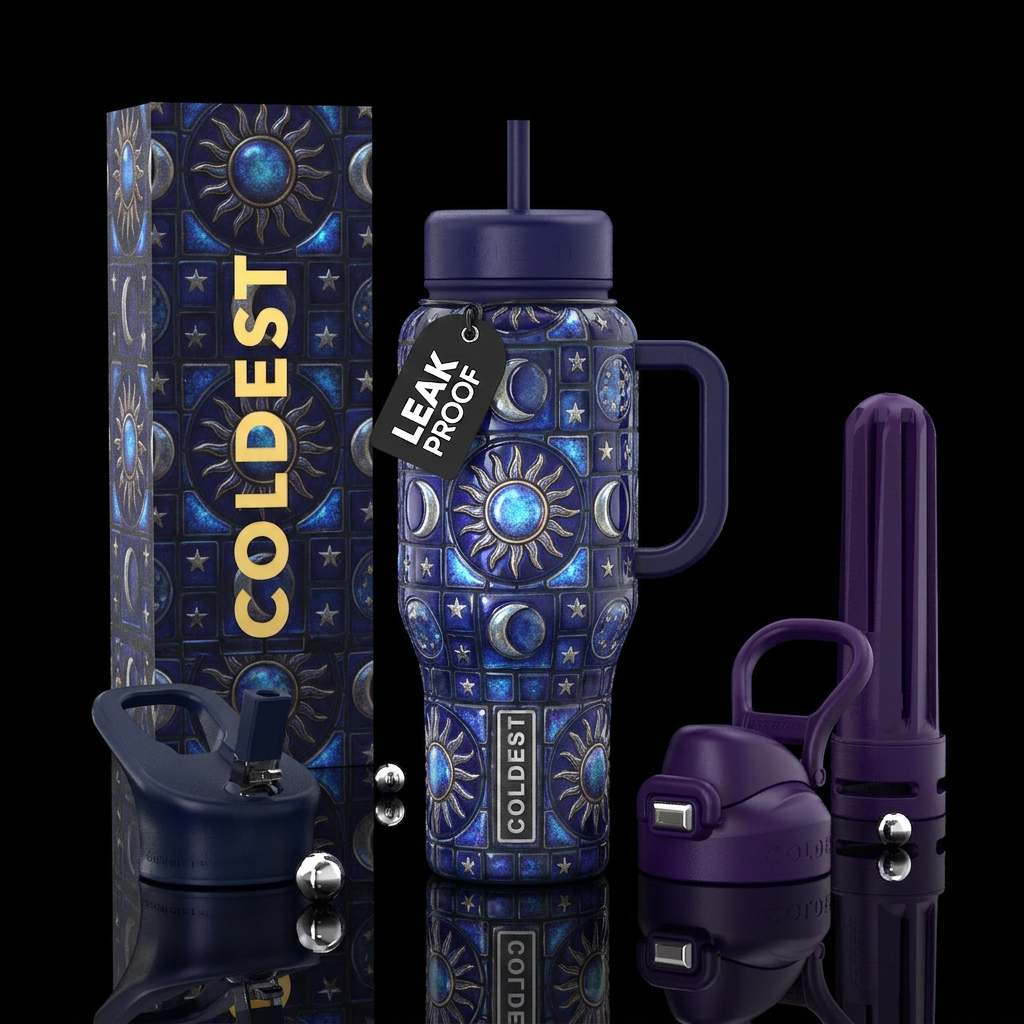 Sun moon and stars tiles, glossy, trompe-l'œil, gl... water bottle design