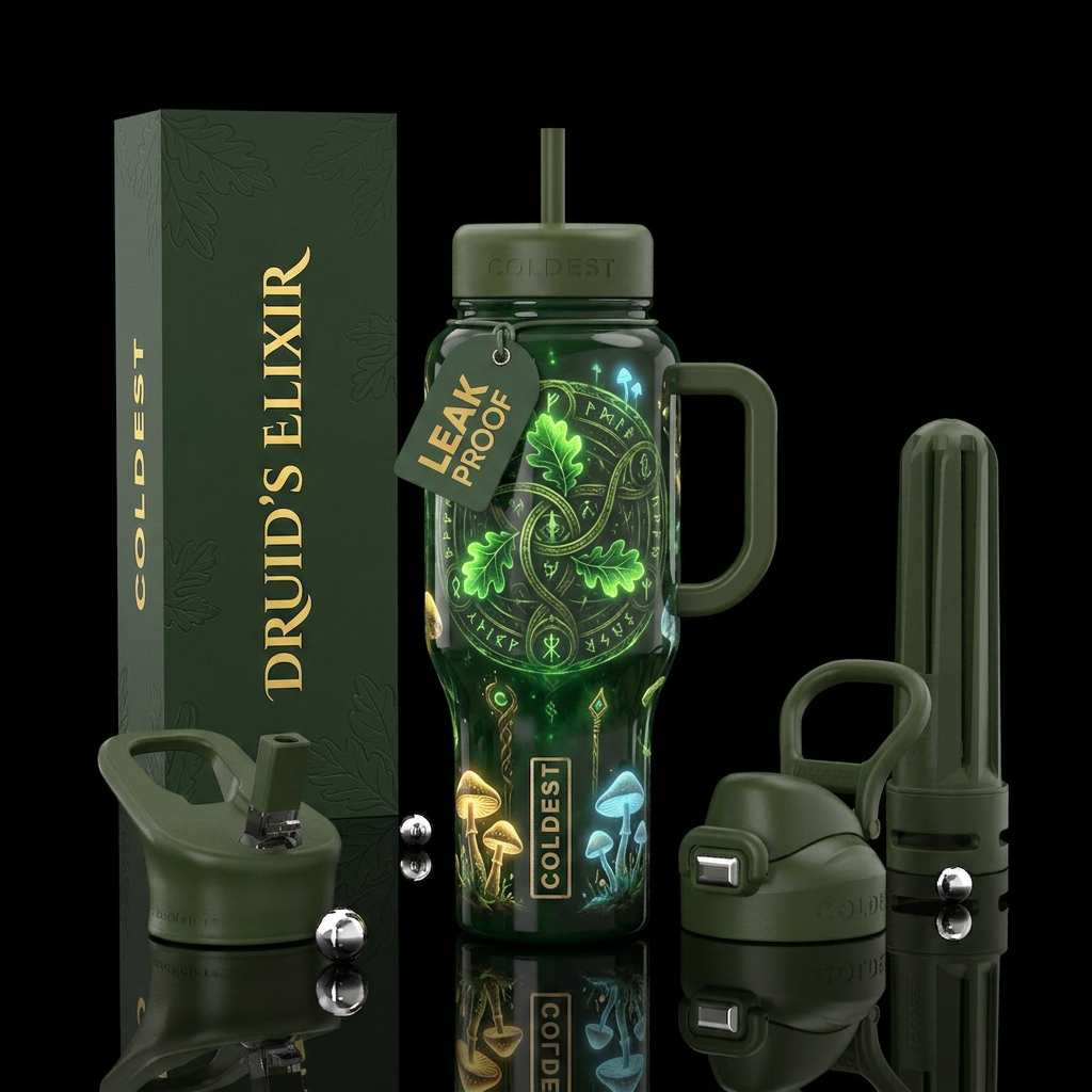 Druidry elixir, glossy, glowie, trompe-l'œil water bottle design