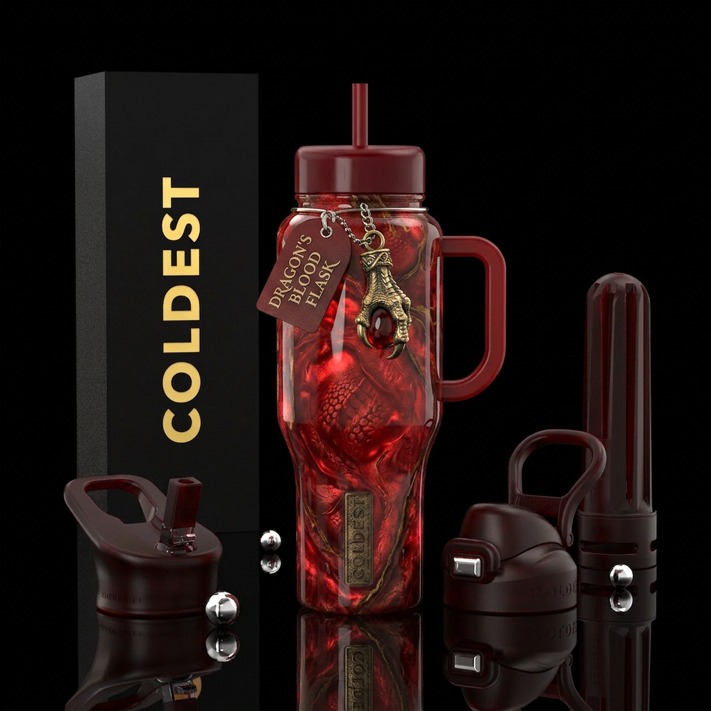 Dragons blood flask, glossy, glowie, trompe-l'œil water bottle design