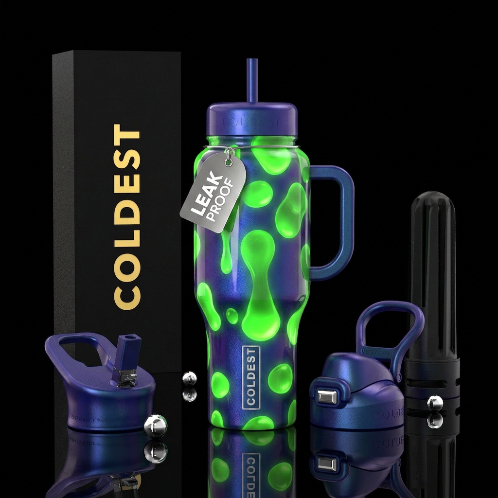 Dark blue to purple ba background, green lava lamp... water bottle design