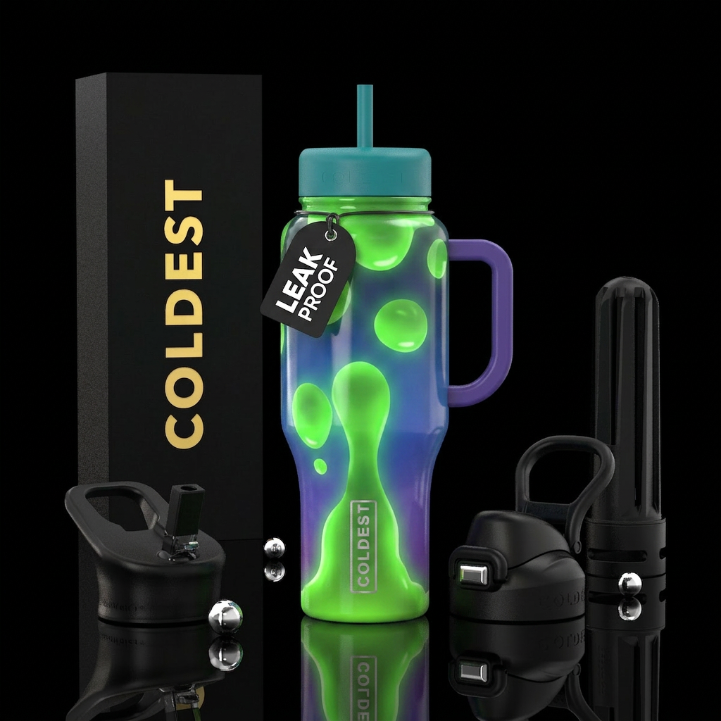 Dark blue to purple ba background, green lava lamp... water bottle design