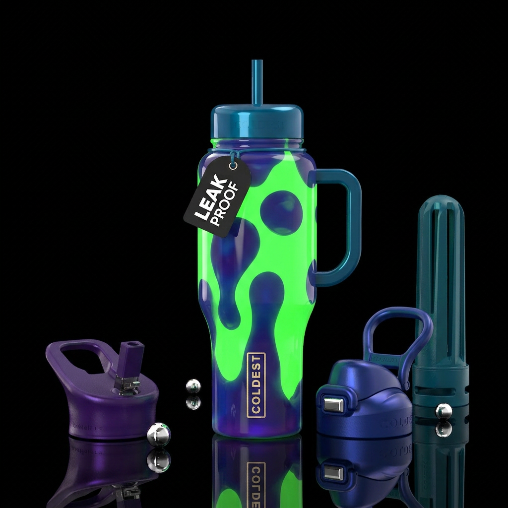 Dark blue to purple lava lamp lava, green backgrou... water bottle design