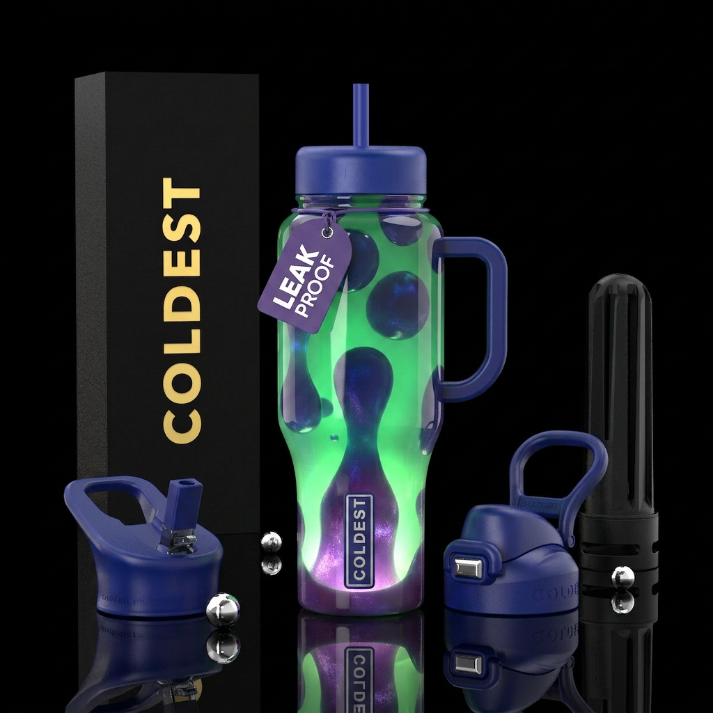 Dark blue to purple lava lamp lava, green backgrou... water bottle design