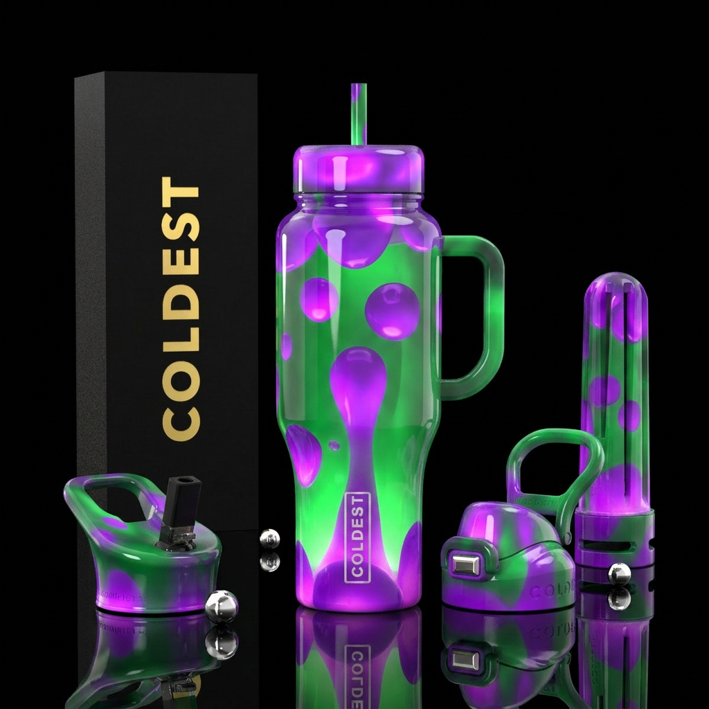 purple lava lamp lava, green background, glossy, g... water bottle design