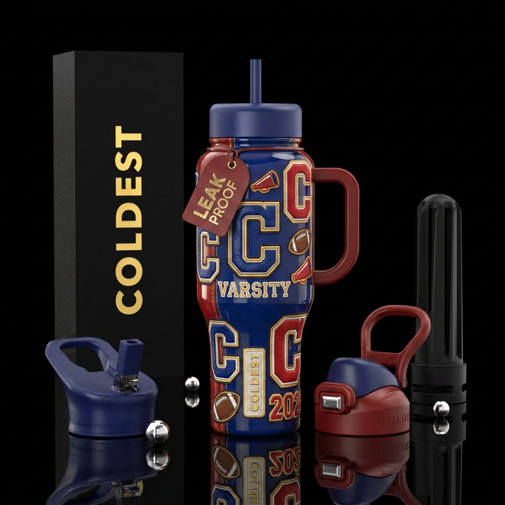 Varsity jacket,glossy,trompe-l'œil water bottle design