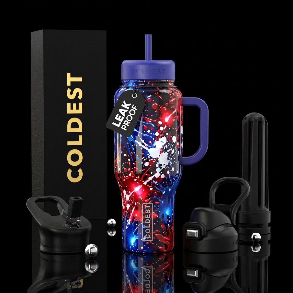 Red white and blue splatter, spritz,glossy, trompe... water bottle design