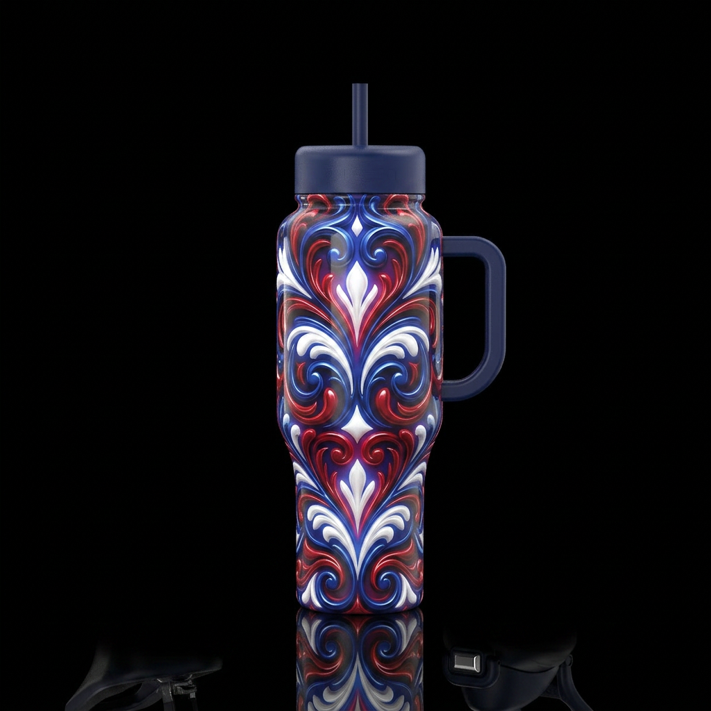 Red white and blue  filigree,,glossy, trompe-l'œil... water bottle design