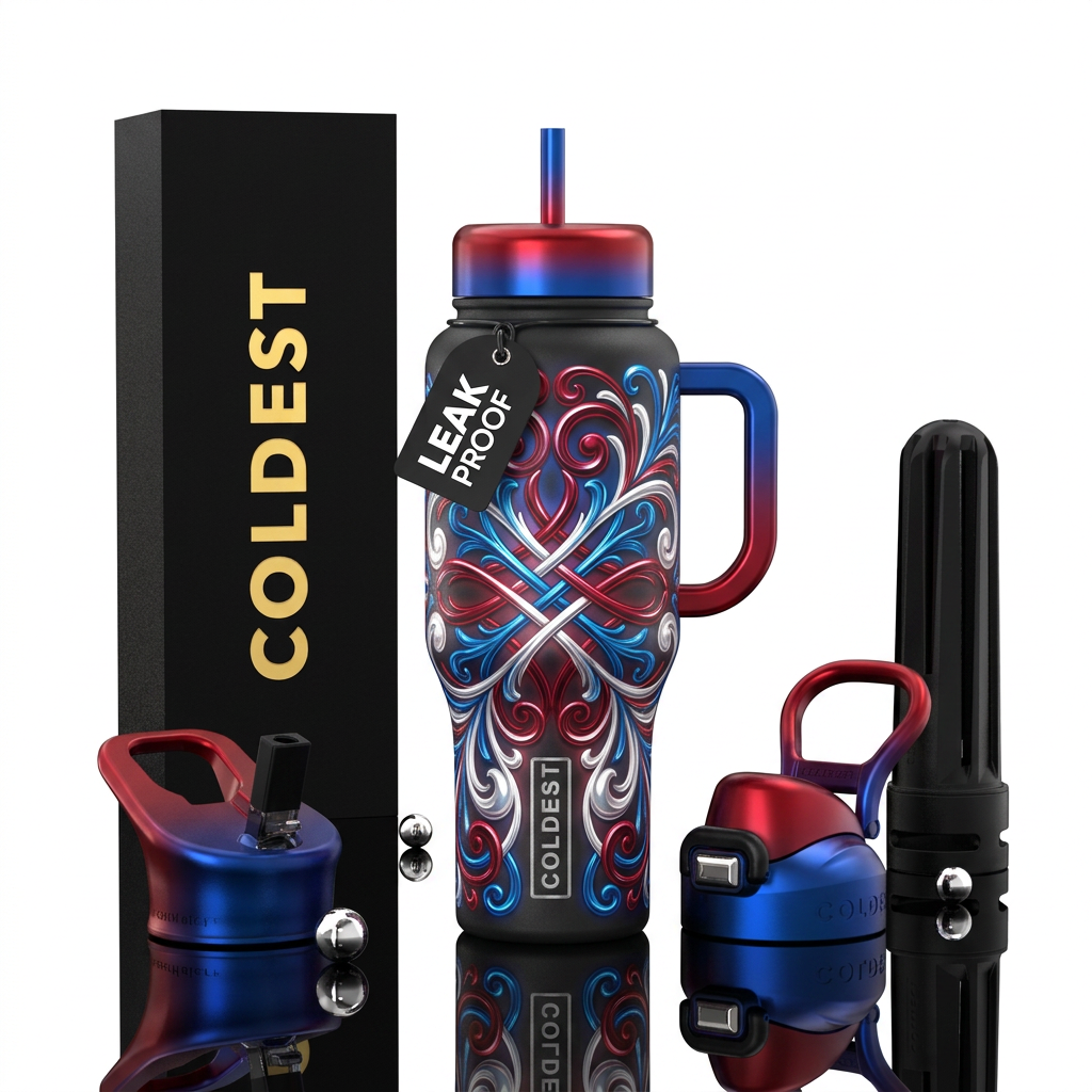 Red white and blue  filigree,,glossy, trompe-l'œil... water bottle design