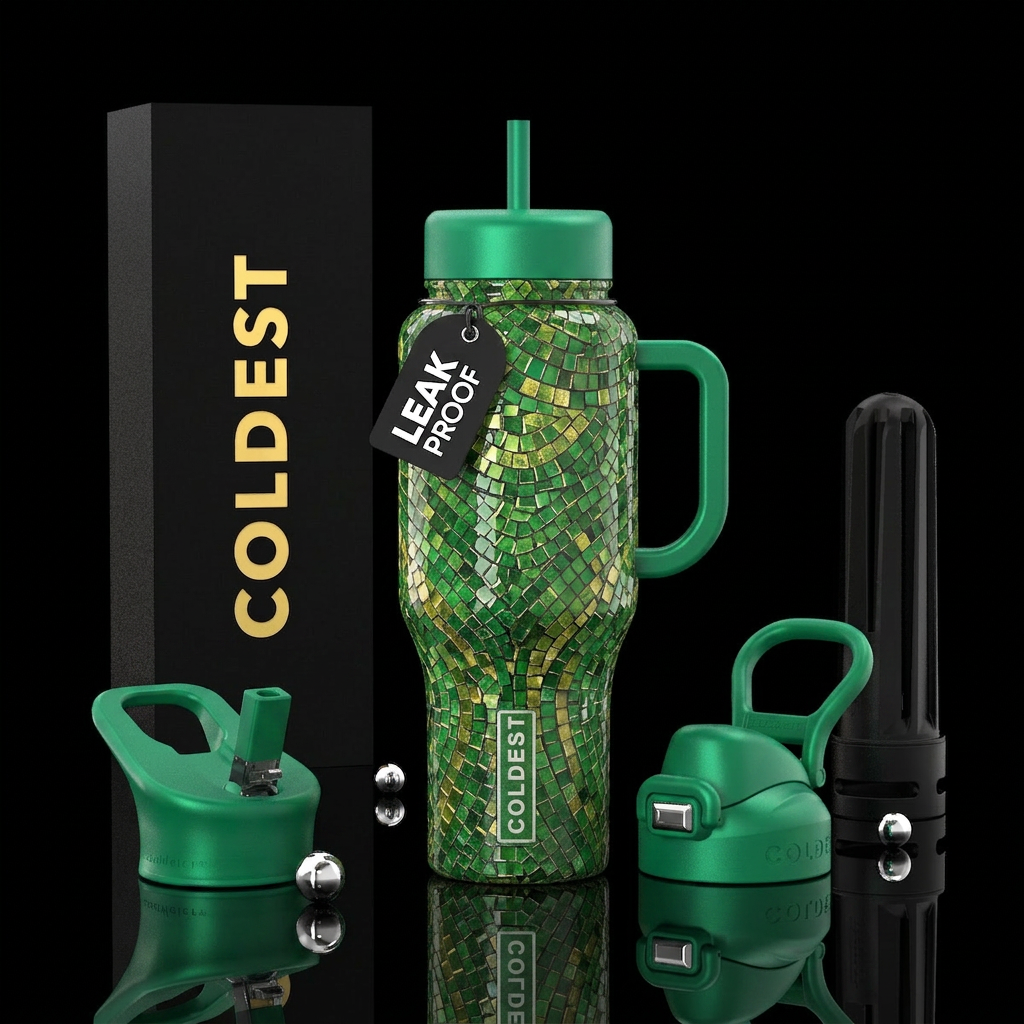 Different shades of green and gold mosaic,glossy, ... water bottle design