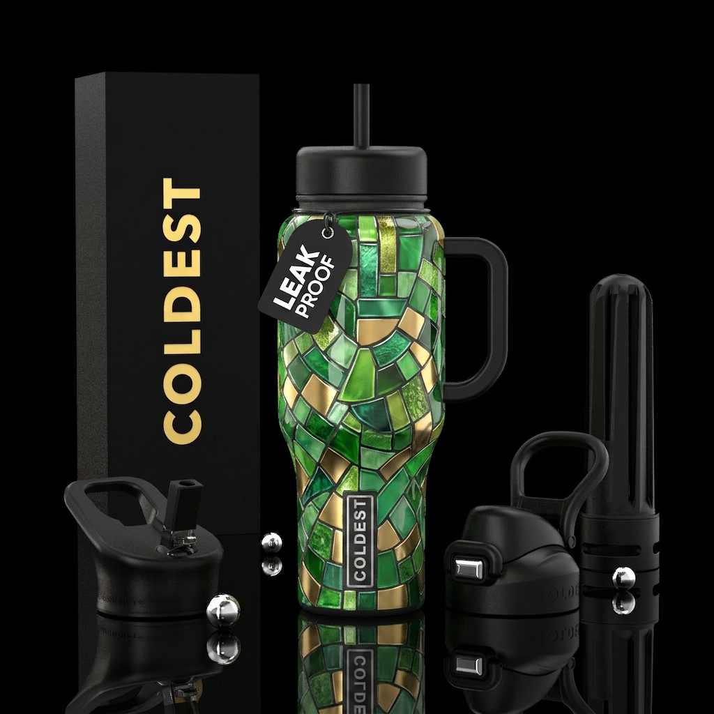 Different shades of green and gold mosaic,glossy, ... water bottle design