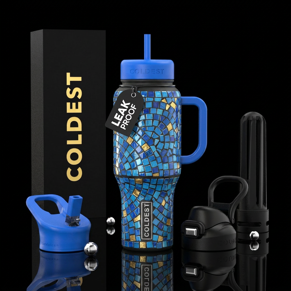 Different shades of blue and gold mosaic,glossy, t... water bottle design
